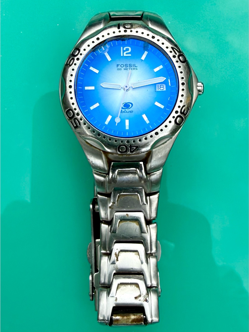 Vintage Fossil Stainless Steel Watch With Bright Blue Dial